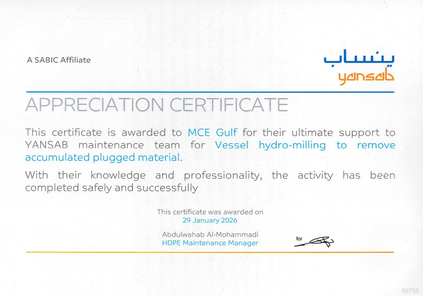 YANSAB — Vessel hydro-milling — plugged material removal